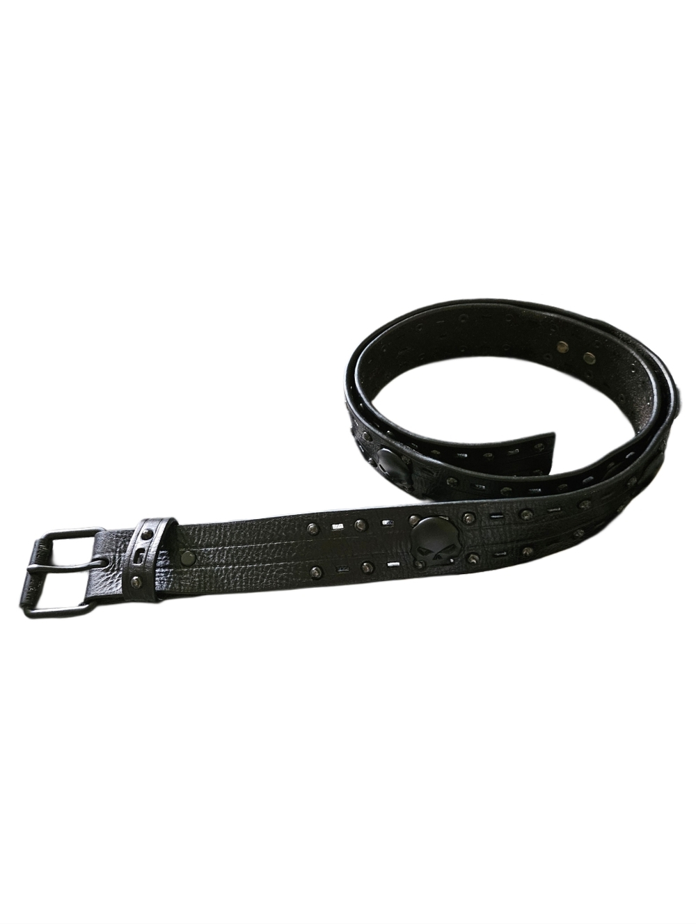 Harley Davidson Genuine Leather 2 Lane Black Top Belt Sz 38 Skull Embelishments